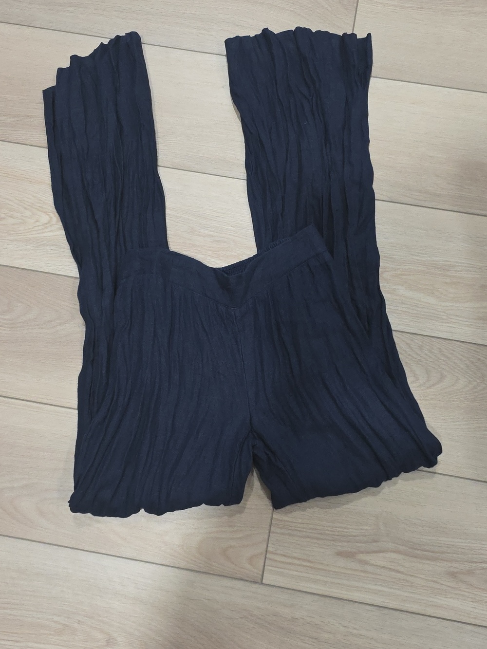 Navy Linen Crinkled Textured Wide-Leg Pants